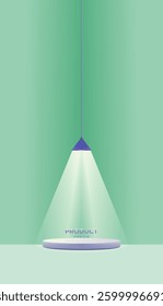  3d floating cylinder podium in corner rooms with hanging neon lamps. Stage showcase, Product display.
