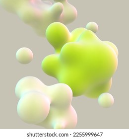 3D floating green cells on gray background. Concept of modern eco friendly nature save technologies and renewable energy. Futuristic abstract 3d shapes ecology background, EPS 10 vector illustration.