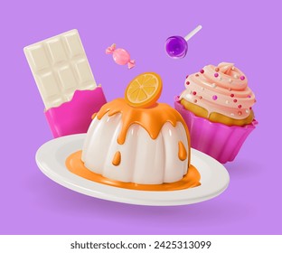 3d Floating Panna Cotta with Orange, Cupcake and Chocolate Sweet Dessert Food Concept Cartoon Style . Vector illustration