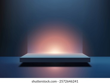 3D floating platform glows with warm orange light against a reflective dark blue background. Dramatic product showcases, creative branding, and elegant modern mockups.