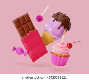 3d Floating Sweet Dessert Food Concept Cartoon Style Include of Candy, Cupcake, Ice Cream and Chocolate. Vector illustration
