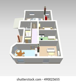 3D Floor Plan. Vector Blueprint. Apartment Interior. Colorful Architectural 3D Design.