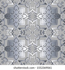 3d floral arabesque vector seamless pattern. Light ornamental arabic background. Ethnic style silver silk ornament with vintage elegance flowers, leaves, shapes, lines. Surface ornate endless texture.