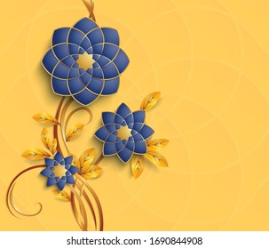 3D floral background, luxury arabesque style blue flowers on yellow background