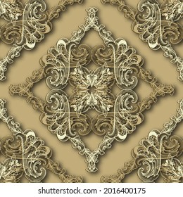 3d Floral Baroque old style gold seamless pattern. Ornamental vector background. Repeat backdrop. Vintage antique ornaments. Golden line art flowers, leaves, shapes, mandalas. Luxury ornate design.
