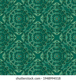 3d floral Damask seamless pattern. Arabesque ornamental vector background. Grunge repeat green backdrop. Elegant vintage flowers ornament. Decorative ornate arabic style design. Surface dirty texture.