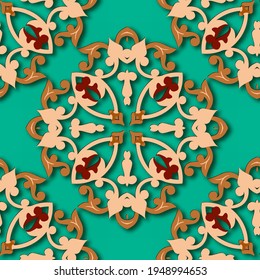 3d patrón sin fisuras de Damask floral. Fondo de vector ornamental árabe. Fondo de color turquesa de repetición. Ornamentos de flores de color vintage. Decoración decorativa. Textura sucia de superficie.