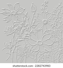 3d floral emboss lines pattern. Textured beautiful embossed flowers relief background. White 3d backdrop. Surface line art leaves. 3d light flowers endless ornaments with embossing effect. Element.