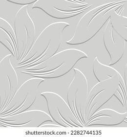 3d floral emboss seamless pattern. Textured beautiful embossed flowers relief background. Repeat white 3d backdrop. Surface line art leaves. 3d light flowers endless ornaments with embossing effect.