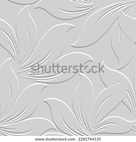 3d floral emboss seamless pattern. Textured beautiful embossed flowers relief background. Repeat white 3d backdrop. Surface line art leaves. 3d light flowers endless ornaments with embossing effect.