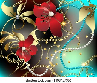 3d floral jewelry gemstones vector seamless pattern. Colorful ornate glowing background. Modern repeat shiny backdrop. Red 3d flowers, leaves, diamond, white pearls, gold chains, chaplet, beads. 