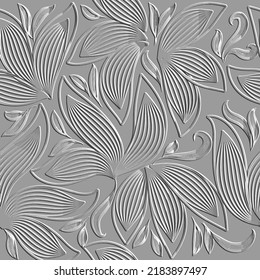 3d floral lines seamless pattern. Textured beautiful embossed flowers relief background. Repeat emboss backdrop. Surface line art leaves. 3d light flowers endless ornaments with embossing effect.