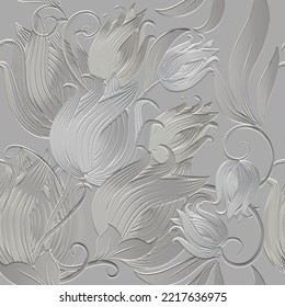 3d floral lines seamless pattern. Textured beautiful tulip flowers relief background. Repeat emboss light backdrop. Surface line art leaves. 3d tulips flowers endless ornaments with embossing effect.