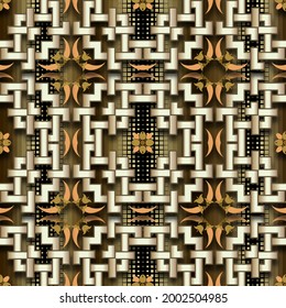 3d floral ornate seamless pattern. Textured digital gold background. Vector repeat halftone backdrop. Surface golden arabesque celtic style ornaments with geometric structured shapes, flowers, lines.