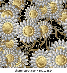 3d floral seamless pattern. Black flourish background wallpaper illustration with vintage  white gold flowers,  swirl golden leaves and flowery ornaments. Vector surface  texture 