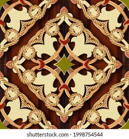 3d floral seamless pattern. Digital halftone textured background. Luxury vector backdrop. Baroque style ornaments. Surface ornate design with vintage flowers, leaves, squares, ropes, stripes, shadows.