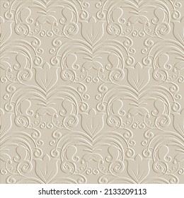 3d floral seamless pattern. Embossed relief vector background. Repeat textured golden backdrop. Surface Paisley flowers, tulips, swirls. 3d endless ethnic style grunge ornaments with embossing effect.