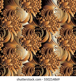 3d floral seamless pattern. Ornate gold flowery background.Luxury flourish wallpaper.Vector illustration.Gold 3d flowers,vintage rich ornaments, beautiful curly swirl leaves. Ornamental fabric texture