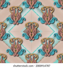 3 quinquies patrones florales sin costura. Fondo de mosaico de cuadrícula texturado. Fondo vector de repetición digital. Ornamentos de estilo barroco. Resumen de diseño geométrico con cuerdas doradas, flores vintage, hojas, rhombus.