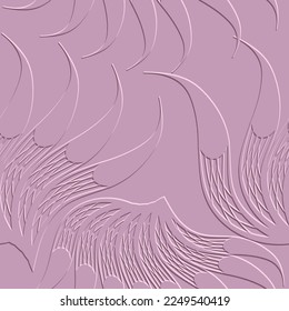3d floral seamless pattern. Textured beautiful embossed flowers relief background. Repeat emboss relief backdrop. Surface line art lacy leaves. 3d pink flowers endless ornaments with embossing effect.