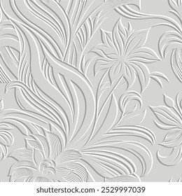 3d floral striped emboss lines flowers textured modern pattern. Beautiful embossed flowers, leaves, stripes vector white background. Doodle hand drawn surface flowers, leaves. Relief flowers ornament.