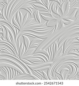 3d floral striped emboss lines flowers textured modern pattern. Beautiful embossed flowers, leaves, stripes vector white background. Doodle hand drawn surface flowers, leaves. Relief flowers ornaments