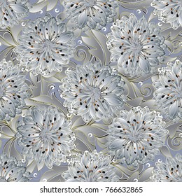 3d floral vector seamless pattern. Light elegant flourish background. Rich wallpaper. White 3d flowers, petals, stamens, scroll swirl leaves, flowery ornaments in baroque damask style. Surface texture