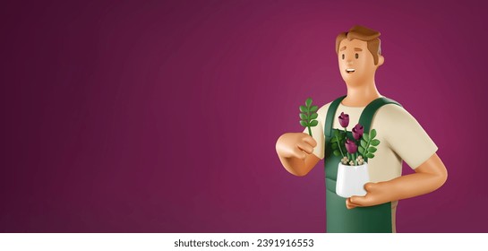Cartel del vector florista 3D. Caricatura Carácter masculino de vendedor de flores sostiene una planta sobre fondo burdeos