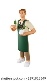 3D Florist Vector Illustration. Cartoon Male Character of Flower seller holding a plant