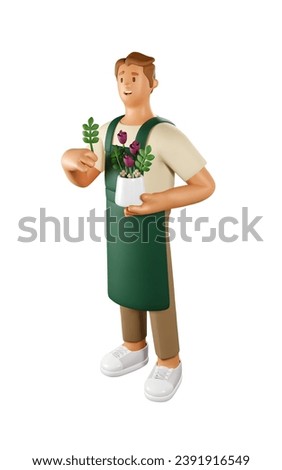 3D Florist Vector Illustration. Cartoon Male Character of Flower seller holding a plant