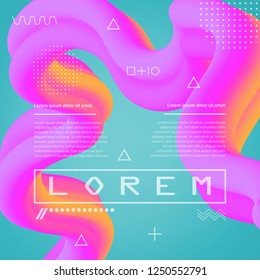 3D flow fluid shapes abstract background. Curve concept vector graphic. Green, yellow and pink vibrant color. Liquid wave trendy modern style.	