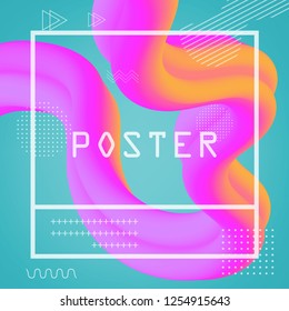 3D flow fluid shapes abstract background. Curve concept vector graphic. Green, yellow and pink vibrant color. Liquid wave trendy modern style.	