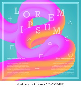 3D flow fluid shapes abstract background. Curve concept vector graphic. Green, yellow and pink vibrant color. Liquid wave trendy modern style.	