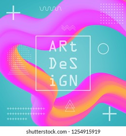 3D flow fluid shapes abstract background. Curve concept vector graphic. Green, yellow and pink vibrant color. Liquid wave trendy modern style.	