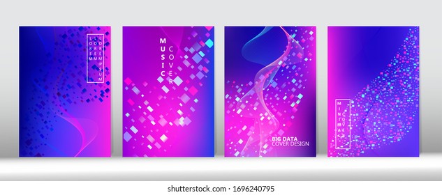 3D Flow Shapes Modern Cover Design. Big Data Tech Neon Magazine. Geometric Gradient Overlay. Blue Purple Pink Cyber Vector Cover Layout. Abstract Computing Music Background Music Covers Set.