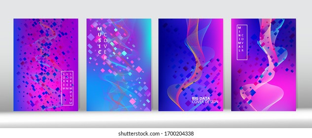 3D Flow Shapes Music Cover Layout. Blue Purple Pink Digital Vector Cover Design. Geometric Gradient Overlay. Grunge Equalizer Music Background Big Data Neon Tech Wallpaper. Minimal Covers Set.