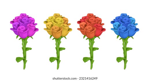 3D flower. Cute bouquet of roses in cartoon style. Vector illustration.