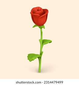 3D flower. Cute red rose in cartoon style for bouquet or decoration. Vector illustration.