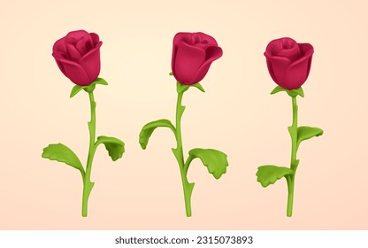 3D flower. Cute red rose in cartoon style for bouquet or decoration. Vector illustration.
