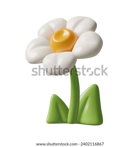 3D flower icon. Stylized chamomile or daisy with green stem and leaves isolated on white background. Spring floral three dimensional design element. Vector illustration.