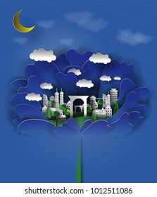 3D flower paper illustration of night city with trees, houses, skyscrapers, cars. Paper art craft style.