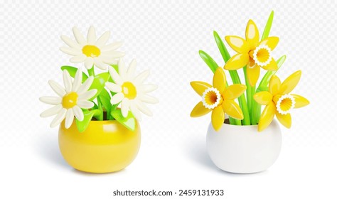 3d flower pot with plant icon. Chamomile flowerpot for house indoor garden. Isolated nature render for home decoration with white plastic jar. Cute beautiful daffodil decor and simple daisy houseplant