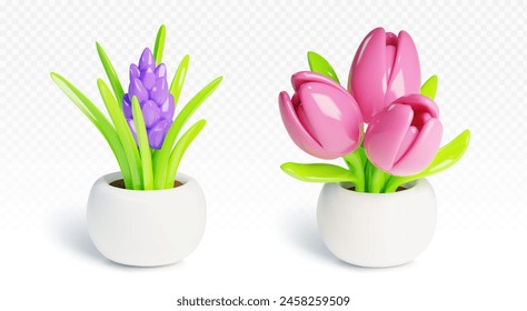 3D Blumentopf. Tulpenpflanze Ikone für Hausgarten. Vereinzelte keramische Heimvase mit hyazinthem Innenelement. Einfaches und schönes dekoratives Objekt für Bürogebäude. Frühling niedliche Dekoration