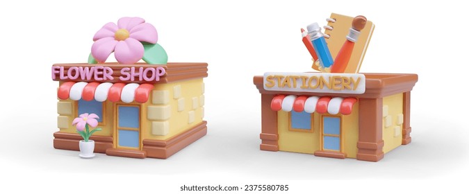 3D flower shop and stationery store. Modern professions. Illustrations for game, application, website. Online trade. Set of vector images on white background