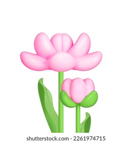 3d flower spring icon. Pink abstract plastic flowers bouquet isolated background. Cartoon vector illustration