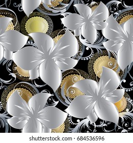 3d flowers seamless pattern. Antique floral background wallpaper illustration with vintage surface silver flowers, swirl curve leaves, gold mandala and luxury flourish ornaments. Vector rich texture