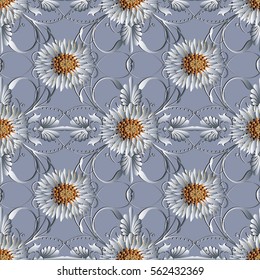 3d flowers seamless pattern background wallpaper illustration with silver curl  leaves and vintage decorative white floral ornaments. Abstract elegance vector endless fabric  texture. 
