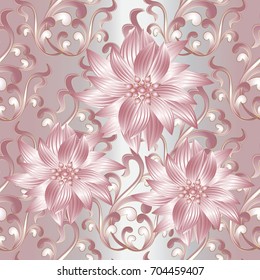 3d flowers seamless pattern. Vintage silver floral background wallpaper illustration with pink abstract 3d flowers, scroll leaves and antique ornaments in Baroque victorian style.Vector luxury texture