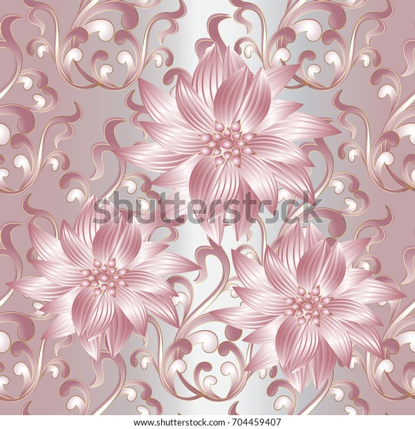 3d flowers seamless pattern. Vintage silver floral background wallpaper illustration with pink abstract 3d flowers, scroll leaves and antique ornaments in Baroque victorian style.Vector luxury texture