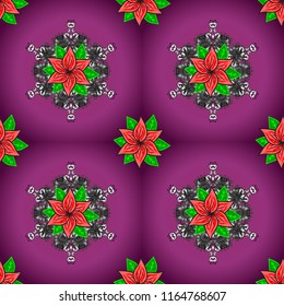 3d flowers, seamless. Vector illustration. On purple, gray and green colors.